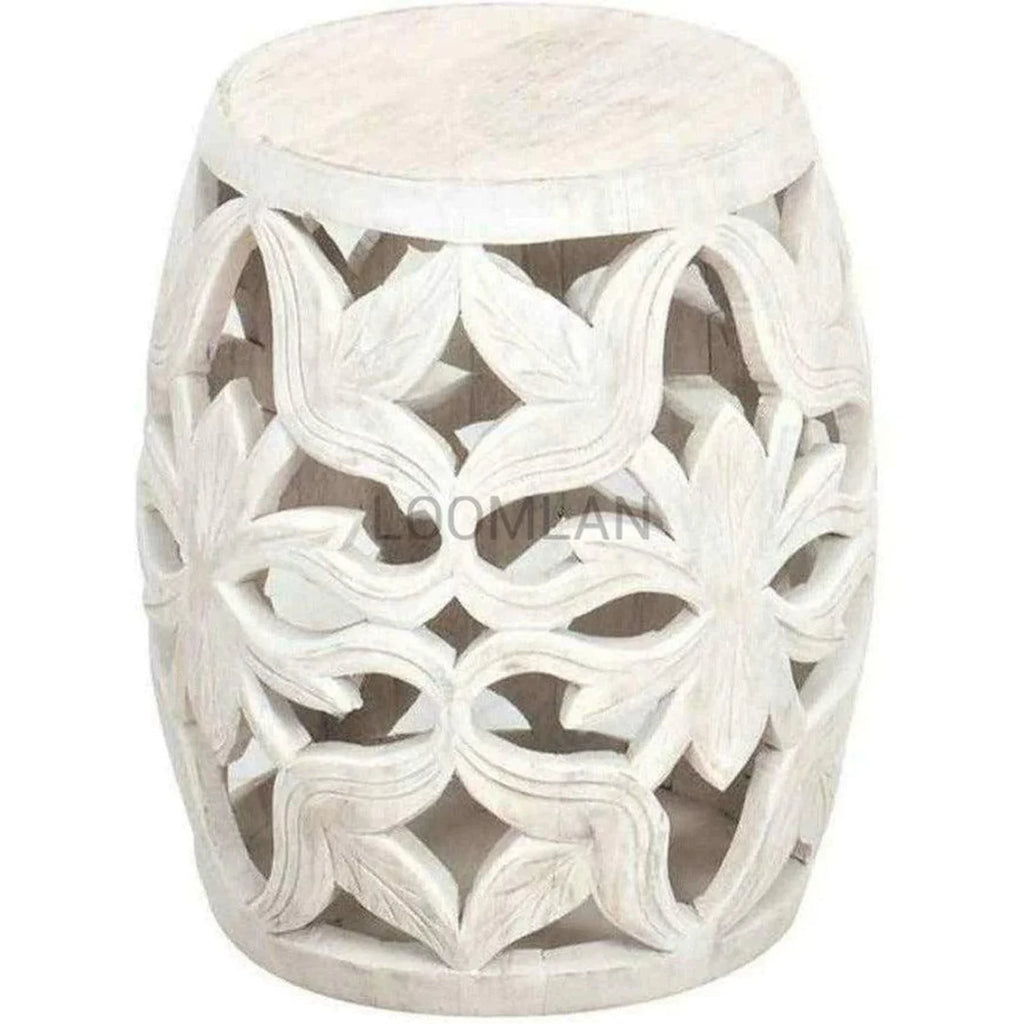 Carved Wood White Wash Round Drum Accent Table Q710820