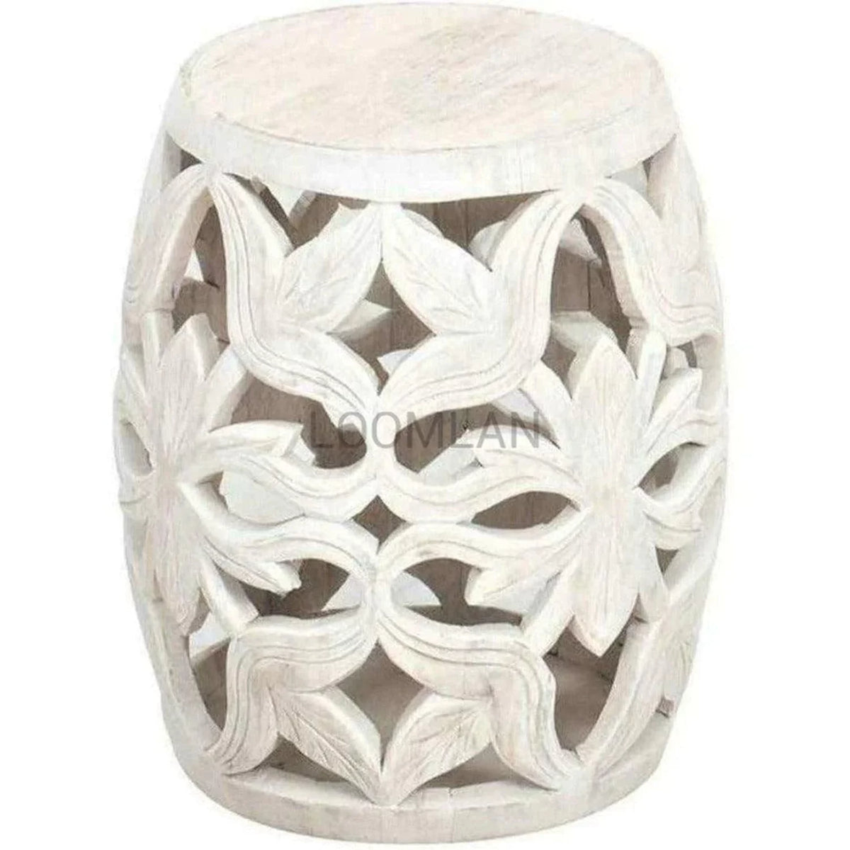 Carved Wood White Wash Round Drum Accent Table Q710820