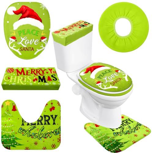 4 Pcs Christmas Green Toilet Seat Cover Set P325463