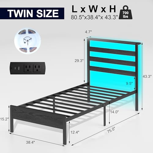 Black Twin Bed Frame with Storage Headboard and Charging Station J34556