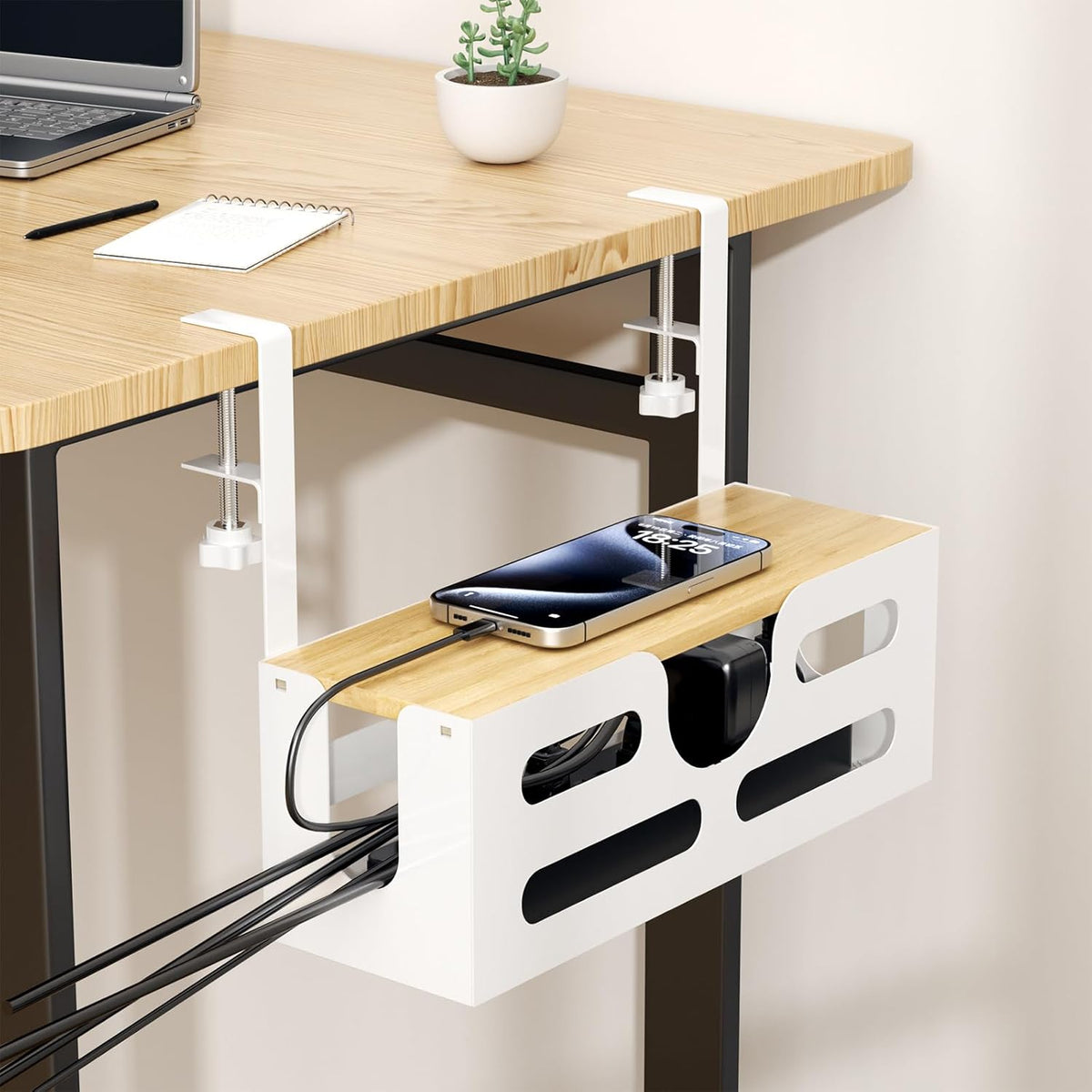White Desk Cable Management Box with Lid and Adjustable Clamps D723