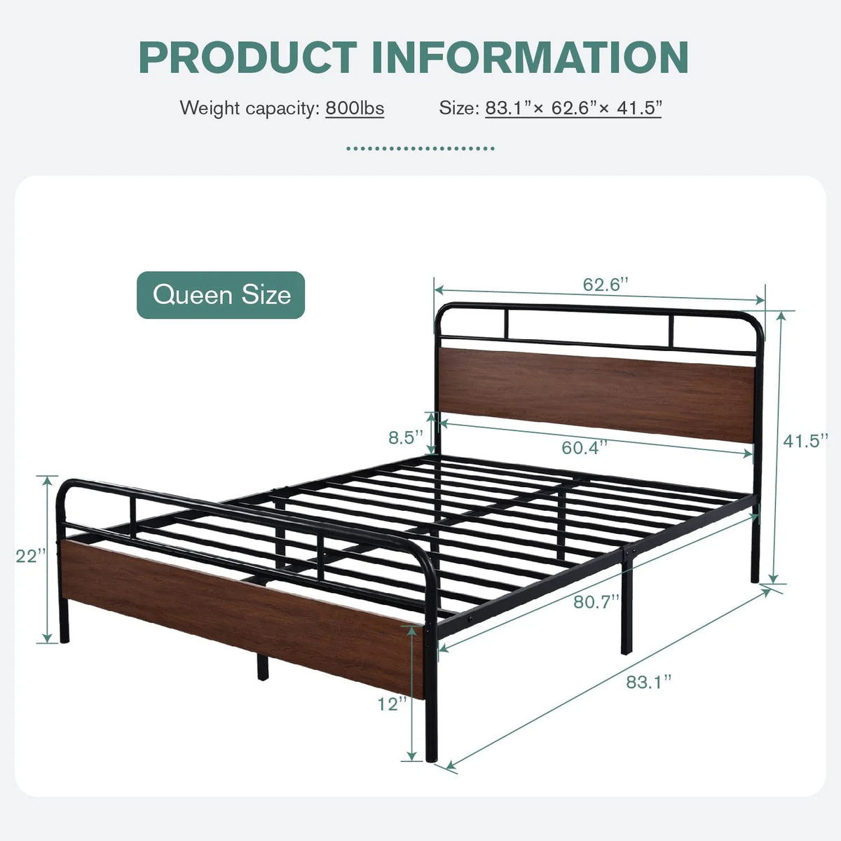 Walnut Queen Size Metal Platform Bed Frame with Wooden Headboard M7338