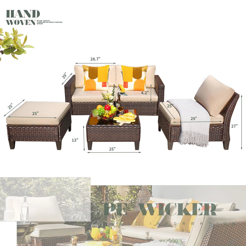5 Pieces Wicker Rattan Outdoor Sofa Set with Ottoman B2178