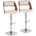 Set of 2 Adjustable Height Barstool with Swivel in Chrome Metal, Walnut Wood, and Cream Faux Leather A693322