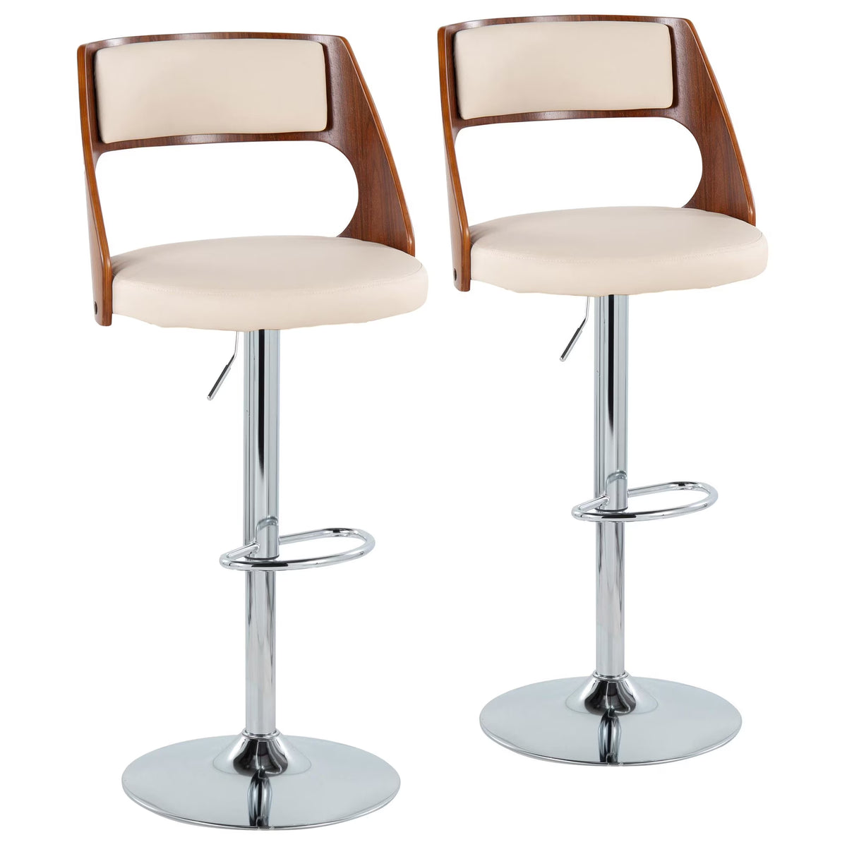 Set of 2 Adjustable Height Barstool with Swivel in Chrome Metal, Walnut Wood, and Cream Faux Leather A693322
