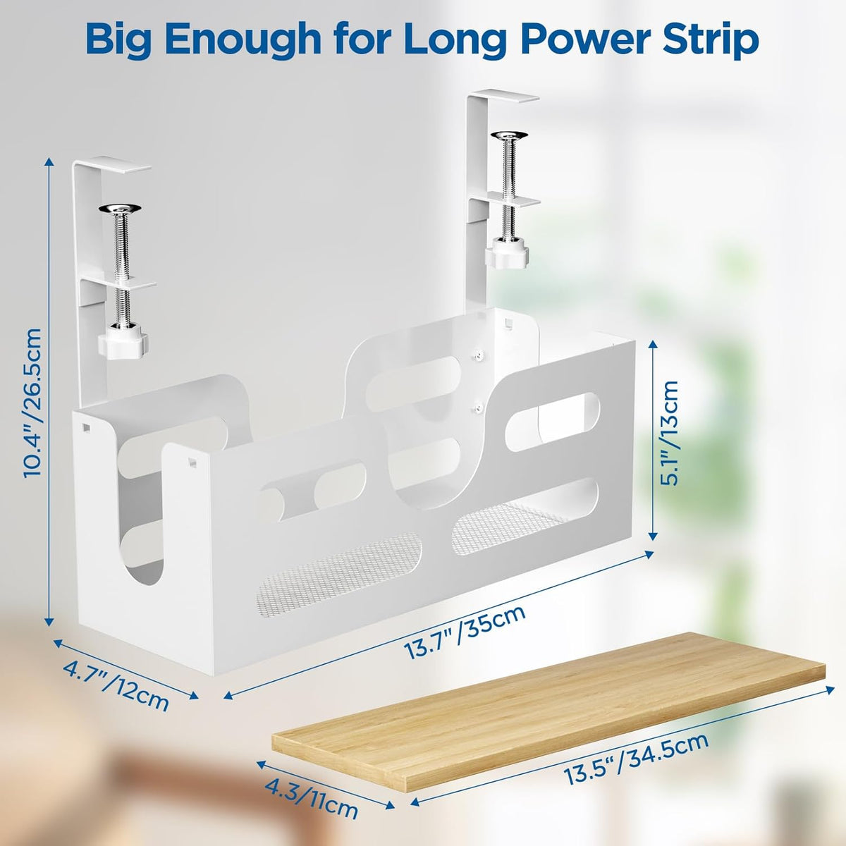White Desk Cable Management Box with Lid and Adjustable Clamps D723