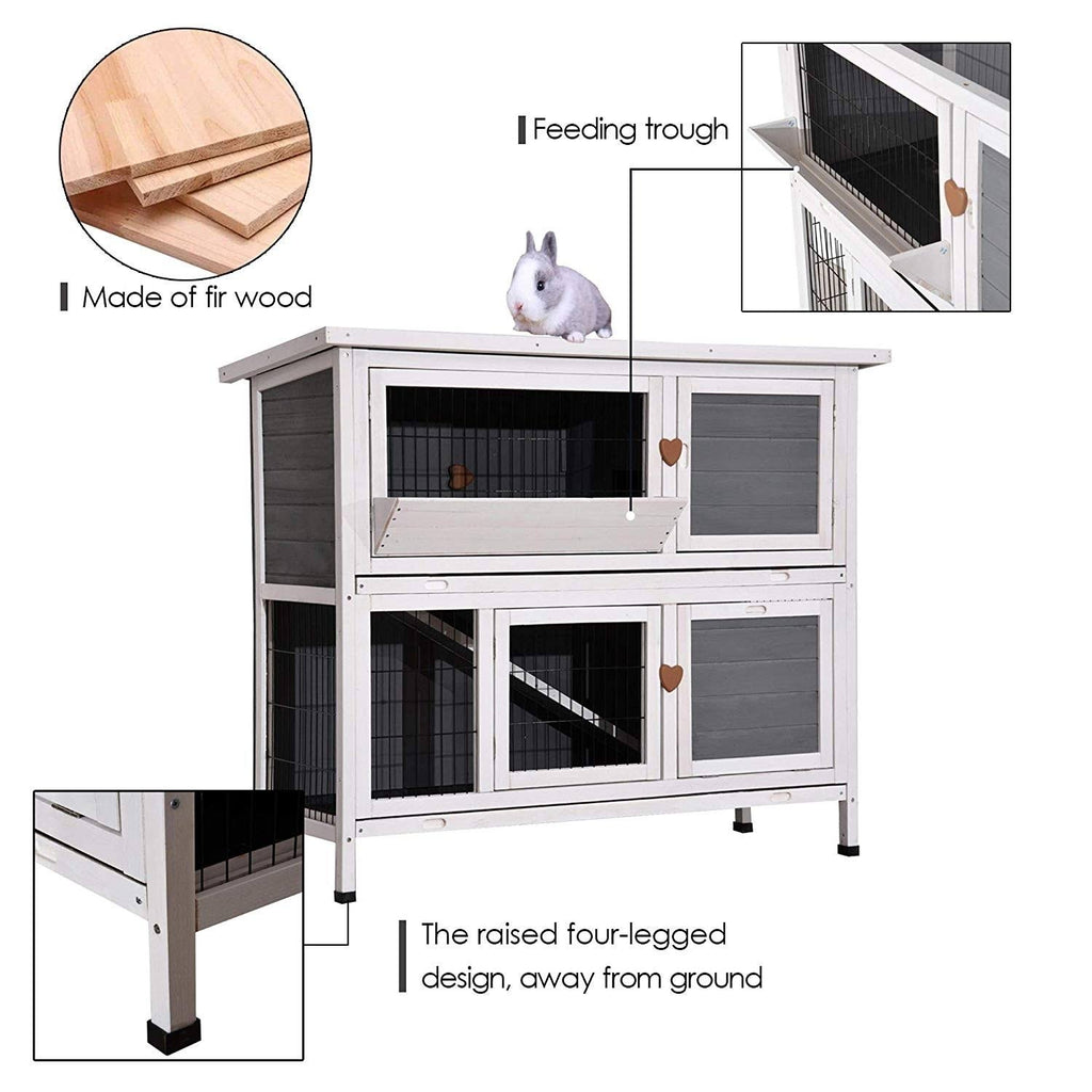 Grey 2 Story Wooden Rabbit Hutch with Ladder T788502