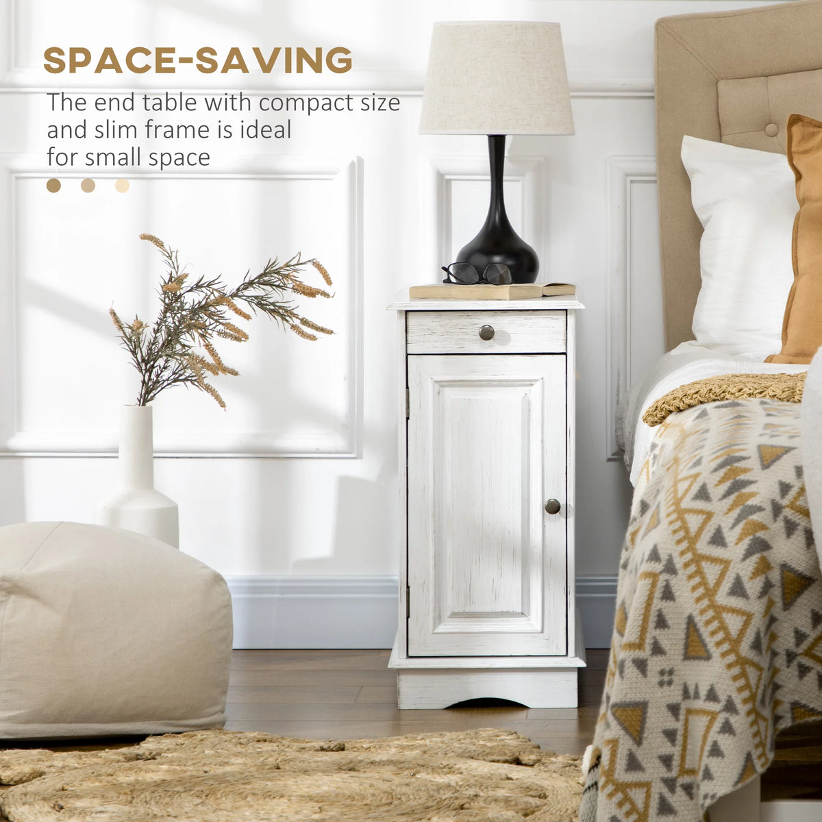 White Side Table with Drawer and Cabinet W8766