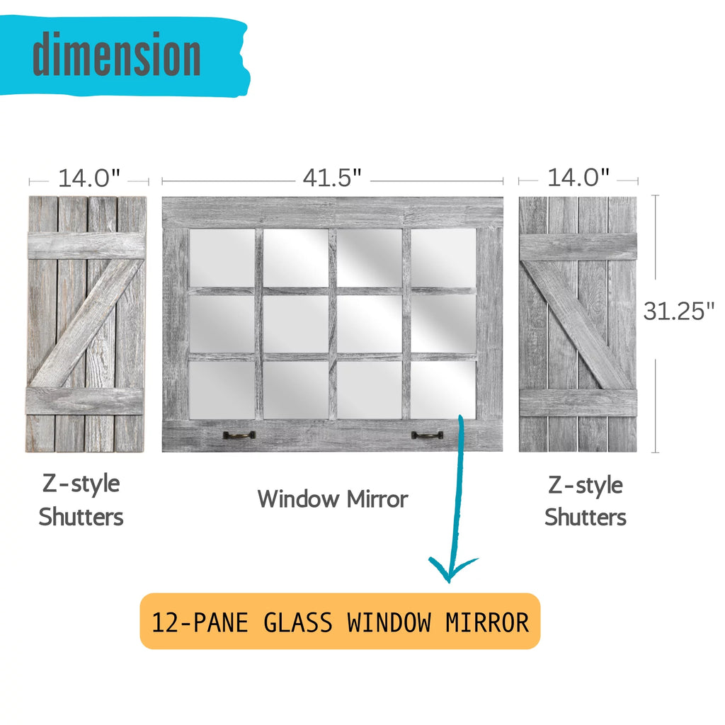 Large Distressed Wood Windowpane Mirror with Shutters Q4459