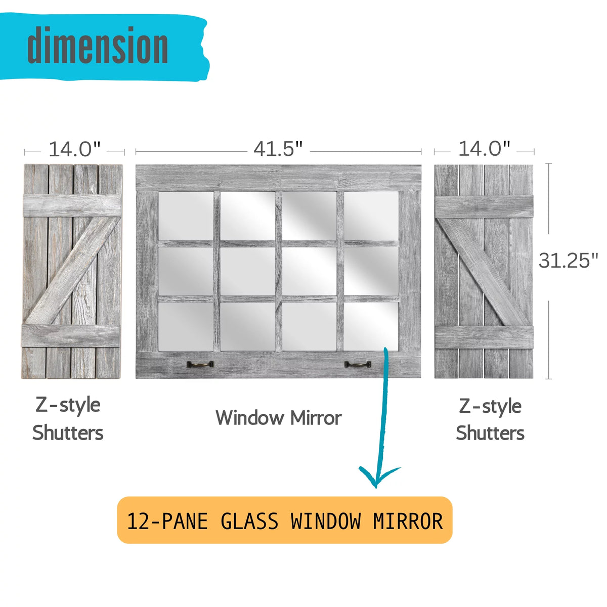 Large Distressed Wood Windowpane Mirror with Shutters Q4459