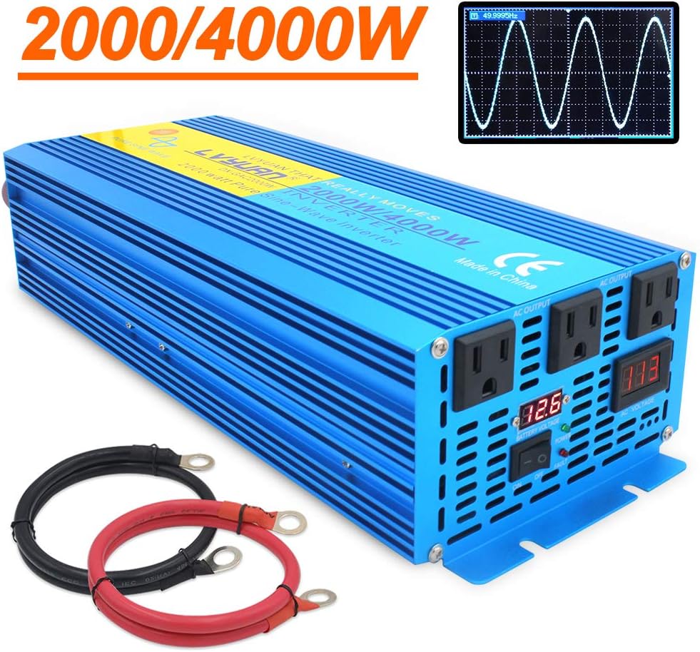 2000W Pure Sine Wave Power Inverter 12V DC to 110V AC with LED Display 3 AC Outlets B32168