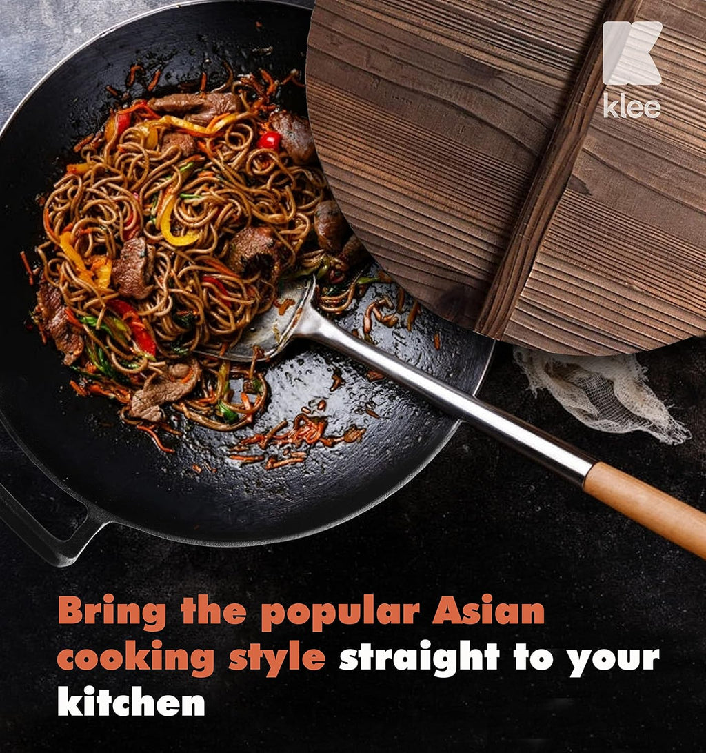 Pre-Seasoned Cast Iron Wok Pan with Lid and Handles, 14 Inch Flat Base Non-Stick, Pack of 2 Z195