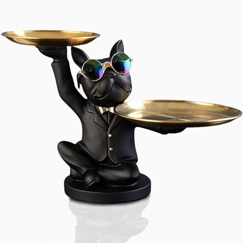 Resin French Bulldog Sculpture with 2 Metal Trays F7617
