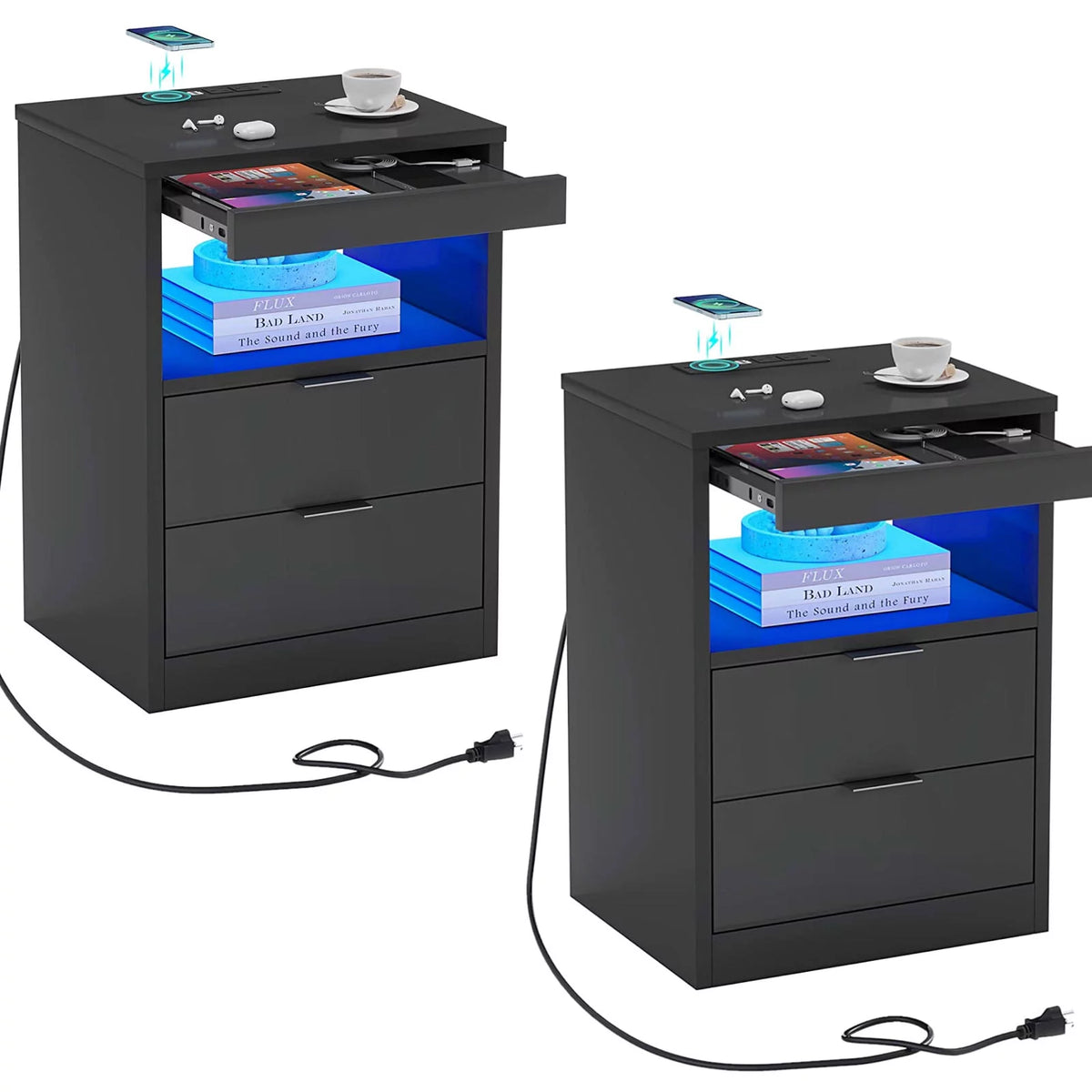 Black Nightstand Set of 2 with Wireless Charging Station and 2 Drawers Y874896