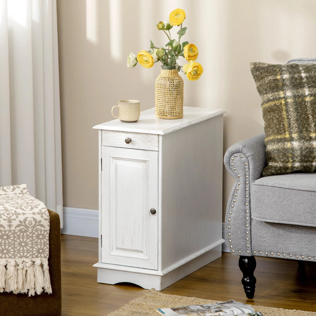 White Side Table with Drawer and Cabinet W8766
