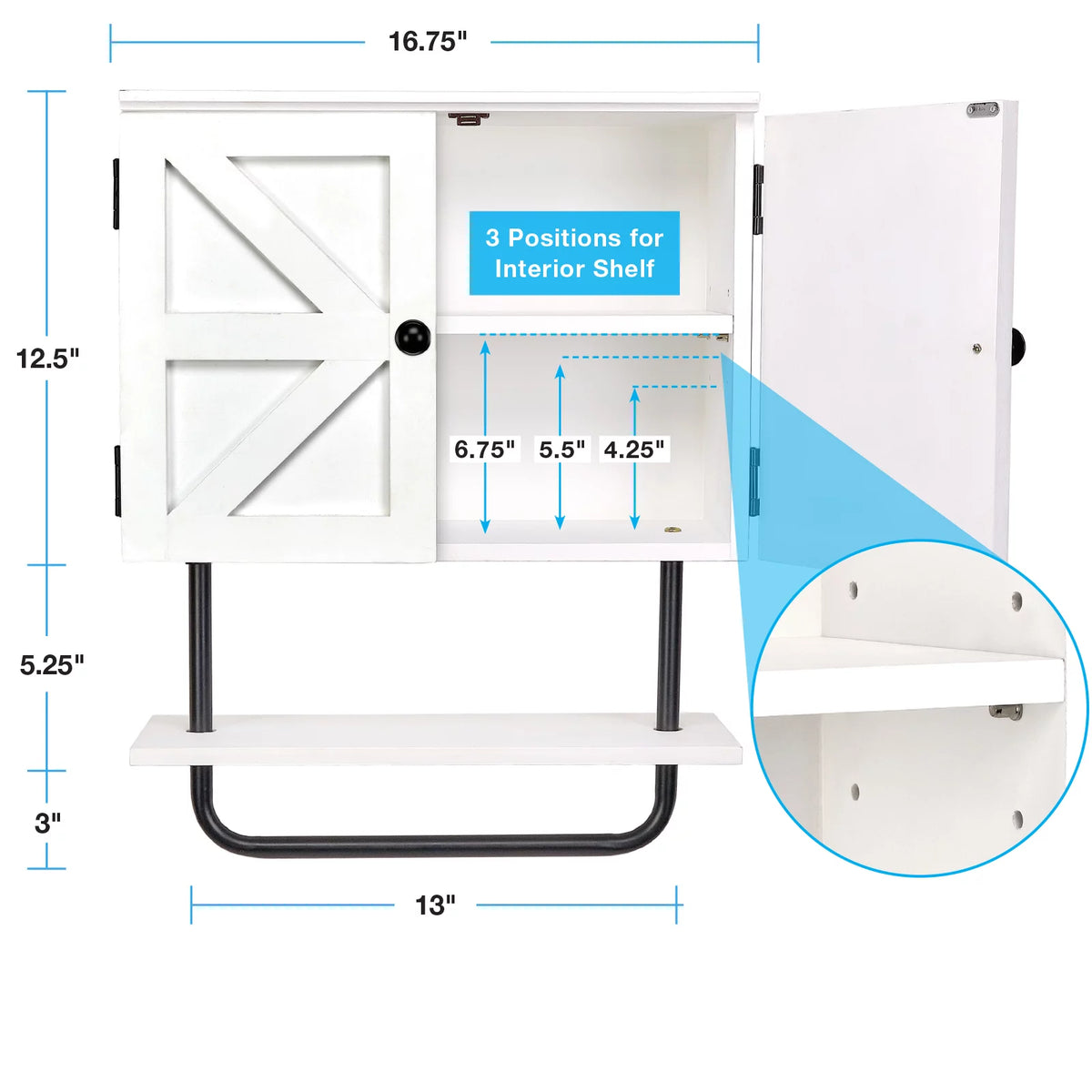 White Bathroom Wall Cabinet with Adjustable Shelf and Towel Bar F76403