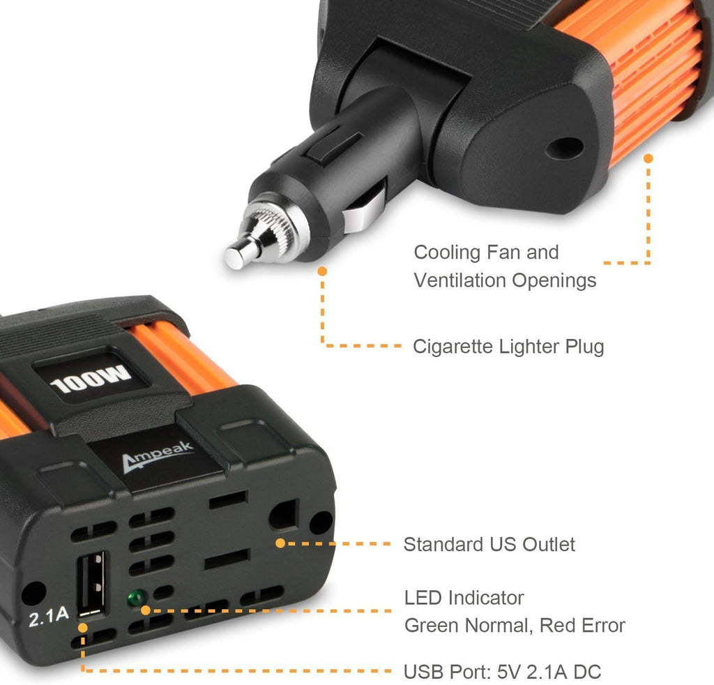 100W Car Power Inverter DC 12V to 110V AC Pack of 2 B9260