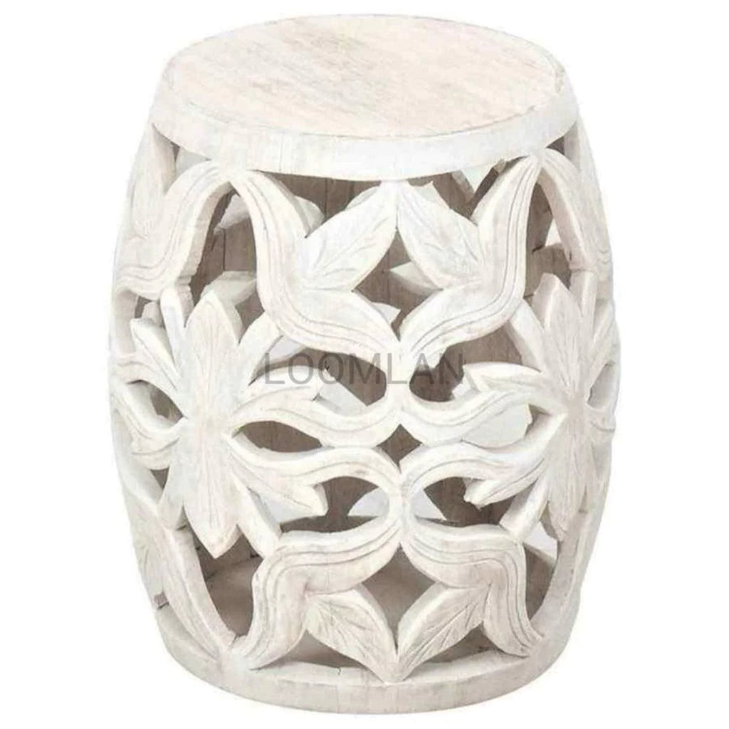 Carved Wood White Wash Round Drum Accent Table Q710820