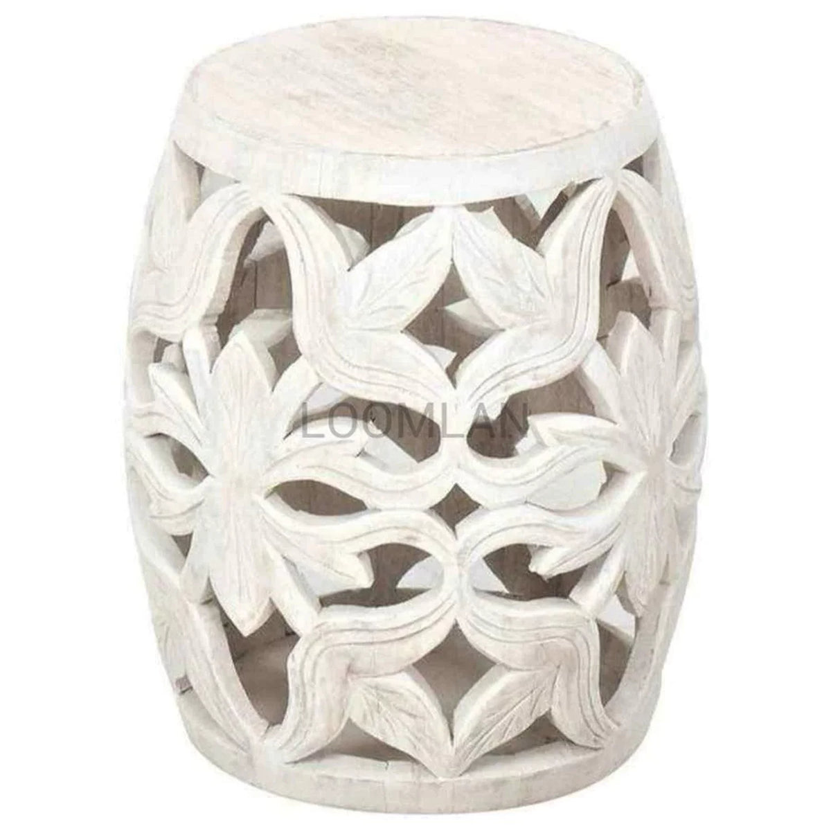 Carved Wood White Wash Round Drum Accent Table Q710820