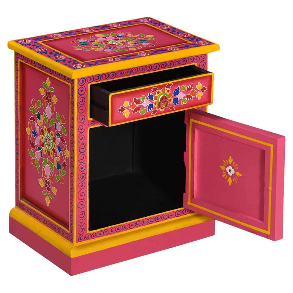 Pink Hand Painted Solid Mango Wood Bedside Cabinet L4521