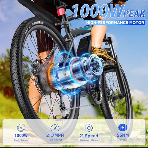 26'' 1000W Peak Electric Mountain Bike with 48V 374.4WH Removable Battery, 21-Speed F1369