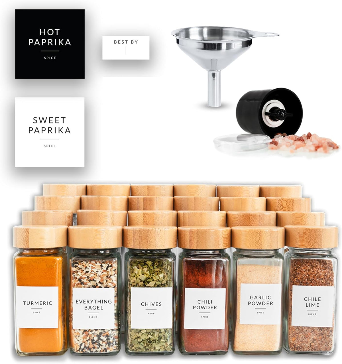 24 Glass Spice Jars with Bamboo Lids and Labels J2181