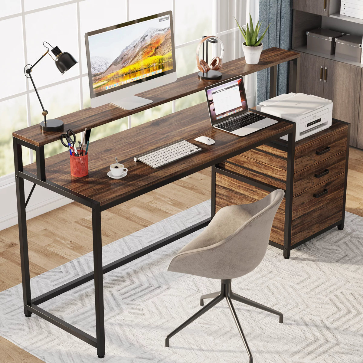 63 Inch Computer Desk with Monitor Stand and Drawers File Cabinet P840790