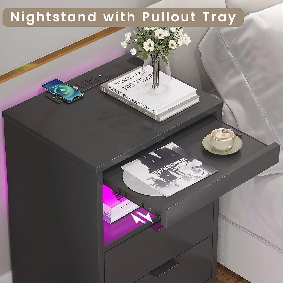 Black Nightstand Set of 2 with Wireless Charging Station and 2 Drawers Y874896
