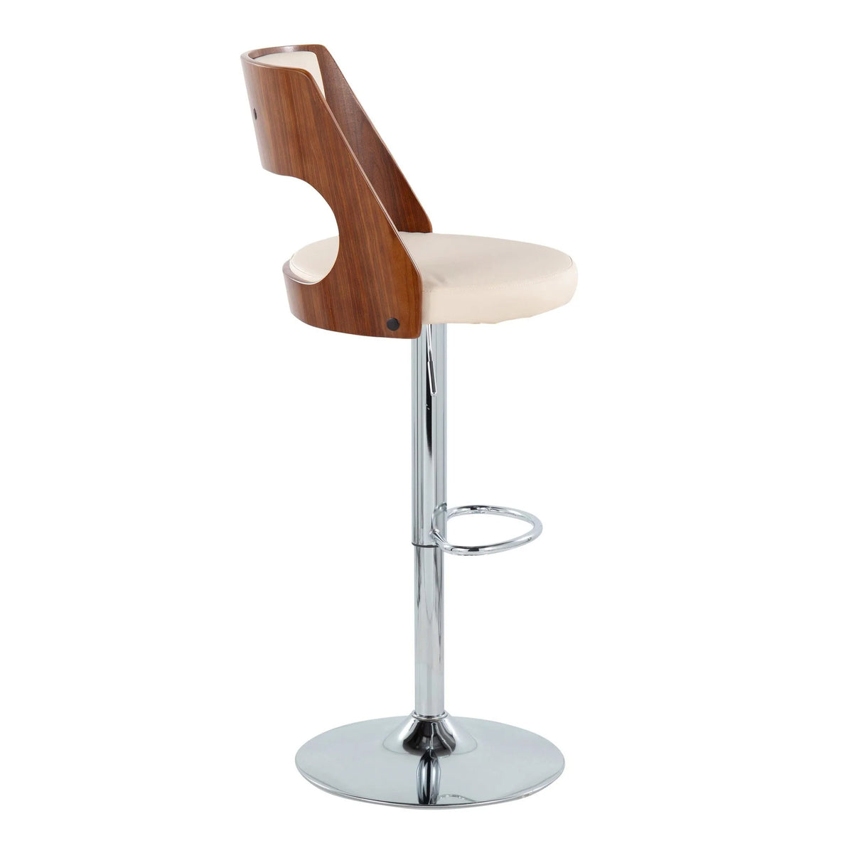 Set of 2 Adjustable Height Barstool with Swivel in Chrome Metal, Walnut Wood, and Cream Faux Leather A693322