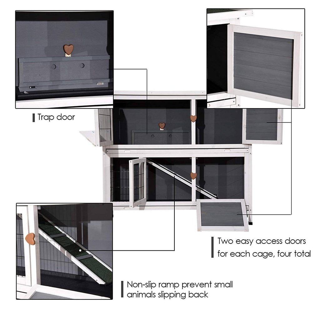 Grey 2 Story Wooden Rabbit Hutch with Ladder T788502
