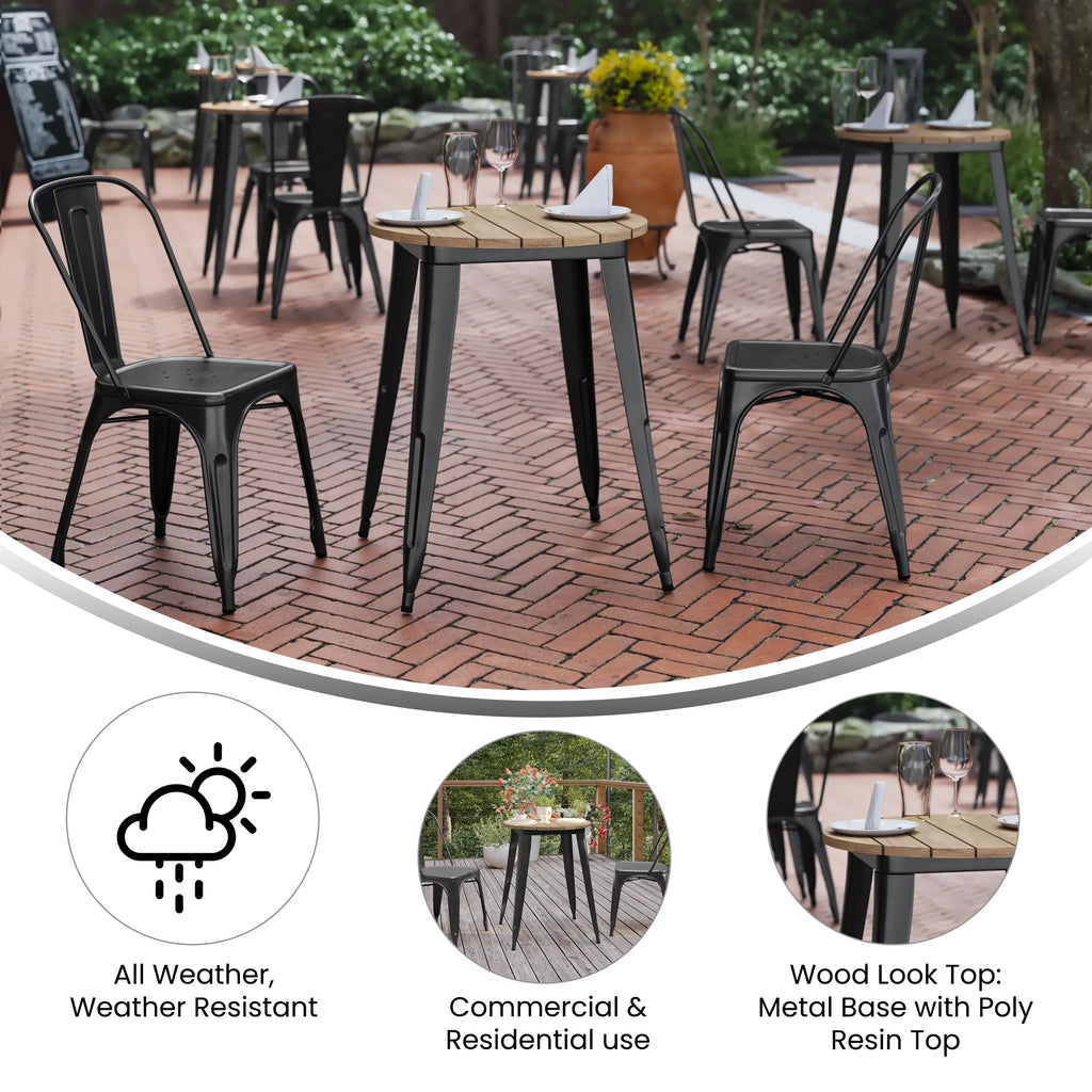 Commercial Grade Indoor/Outdoor Dining Table, Brown Poly Resin Top with Black Steel Base V175892