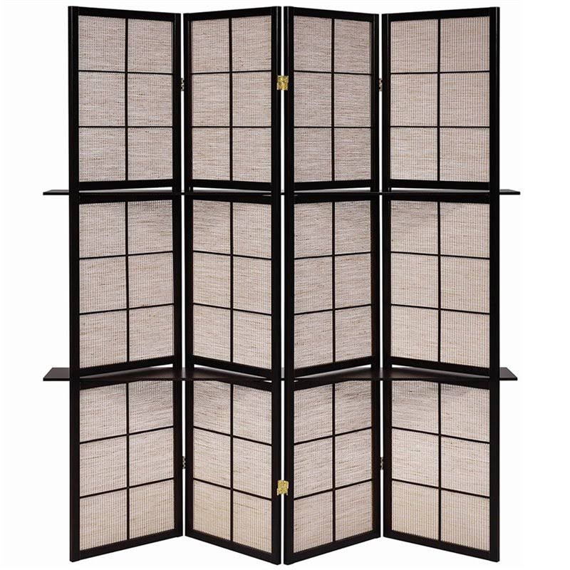 4 Panel 4 Shelf Room Divider in Tan and Cappuccino N7124