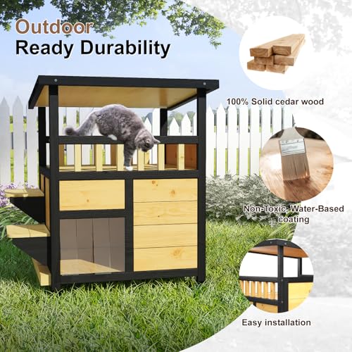 Outdoor Cat House Weatherproof Two Story Feral Cat Shelter with Escape Door Wood Dog Condo for Small Medium Pets Pull-Out Bottom Scratching Mat Included Black and Earthy Yellow Z984