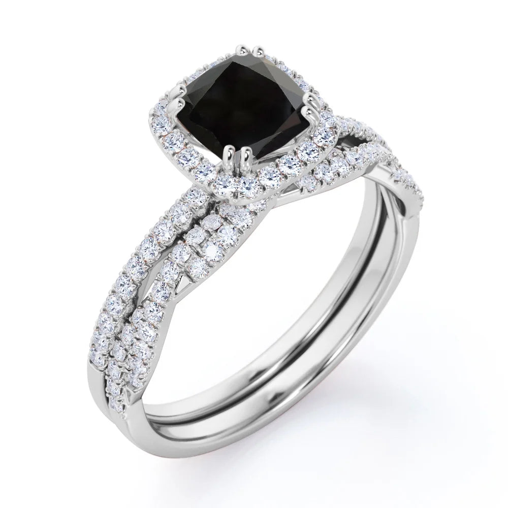 18K White Gold Plating over Silver Cushion Cut Black Diamond and Moissanite Wedding Ring Set P159608