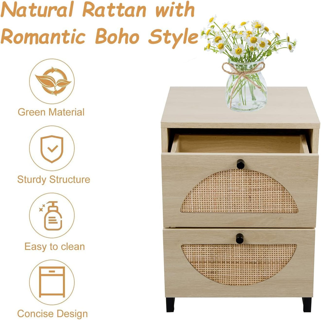 2 Drawer Rattan Wood Nightstand V420444