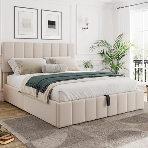 Beige Full Size Upholstered Platform Bed with Hydraulic Storage D54807
