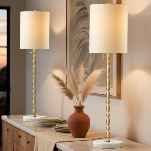 Buffet Lamps Set of 2, 28.5" Tall Brass Finish Linen Shade N8910
