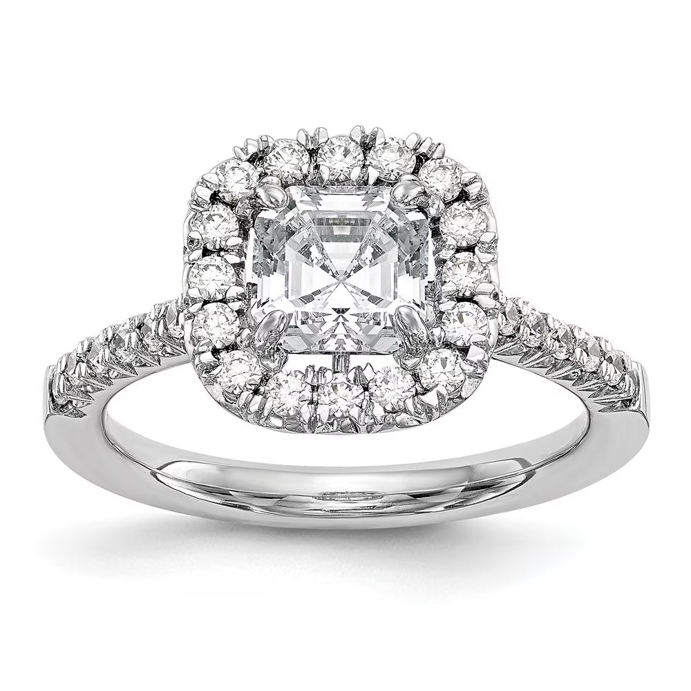 14K White Gold Ring Band Engagement Semi Mount Asscher (4 Prong) Octagon Emerald Diamond, Lab Grown Round, Size 9 A4189