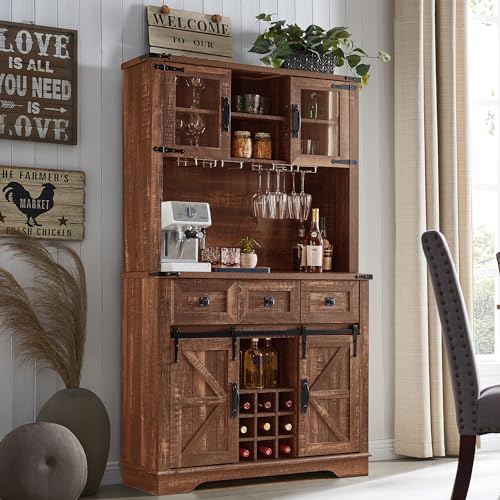 Antique Brush White Farmhouse Bar Cabinet with Sliding Barn Door H7610