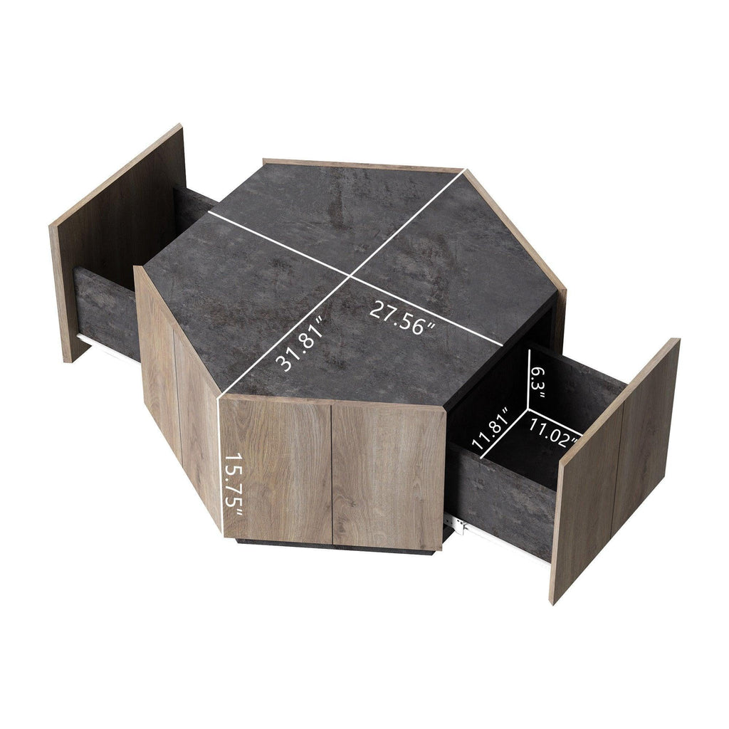 Hexagonal Coffee Table with 2 Drawers, Textured Black Warm Oak R952257