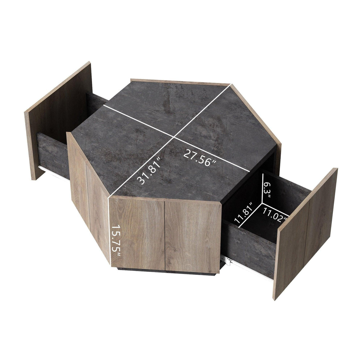 Hexagonal Coffee Table with 2 Drawers, Textured Black Warm Oak R952257