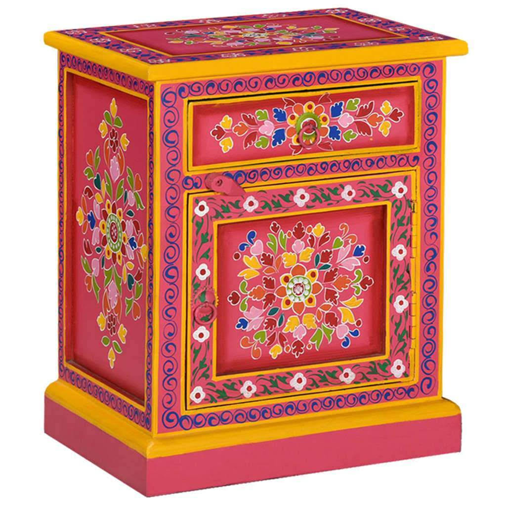 Pink Hand Painted Solid Mango Wood Bedside Cabinet L4521