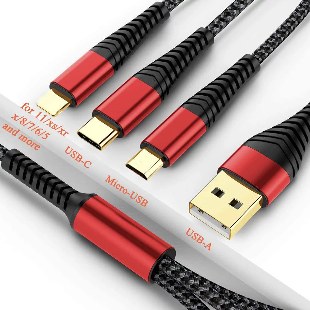 3 in 1 Nylon Braided Multi Charger Cable 2Pack 6ft M9487