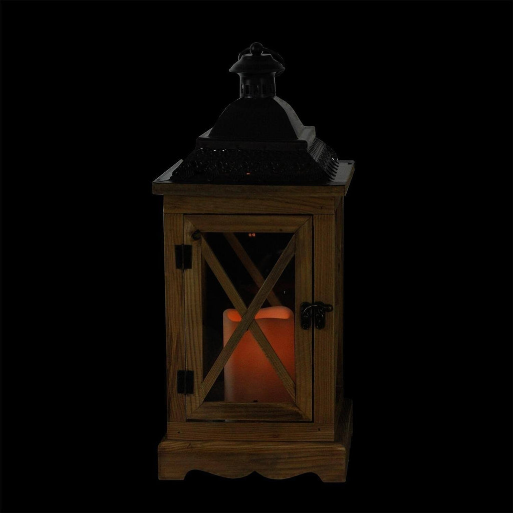 17.5x22 Rustic Wooden Lantern with LED Flameless Pillar Candle H40949