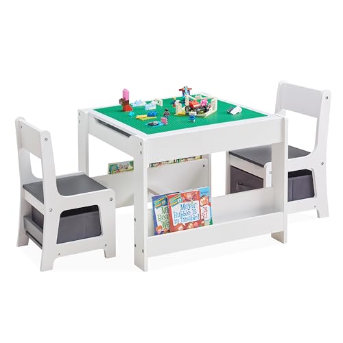 White Grey Kids Table and 2 Chair Set with Storage Drawer W56249