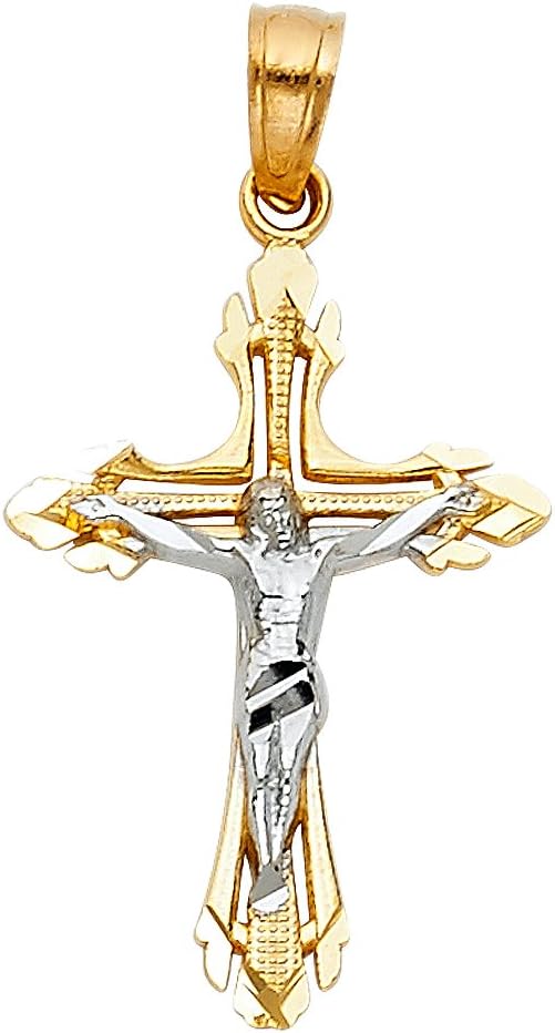 14K Real Gold Two Tone Linear Jesus Cross Pendant 25x16 MM Crucifix Charm Necklace Pendant G9831