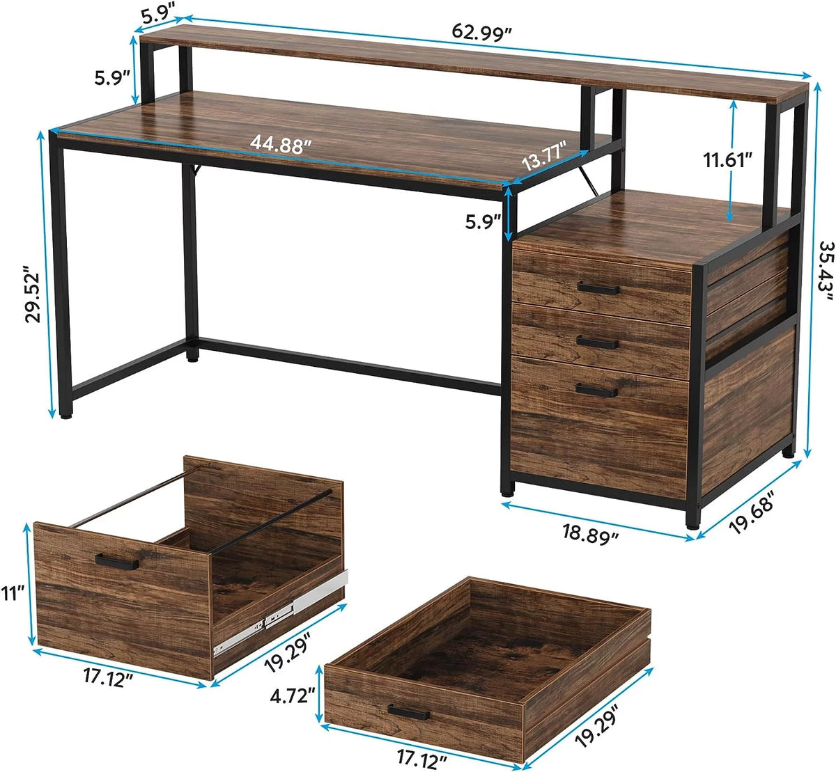 63 Inch Computer Desk with Monitor Stand and Drawers File Cabinet P840790
