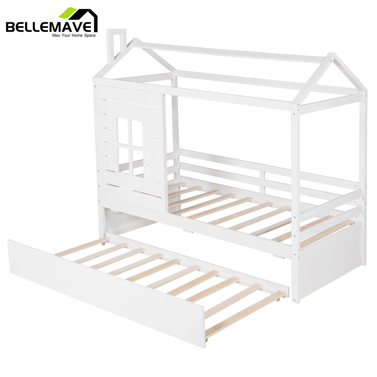 White Wood Twin Size House-Shaped Platform Bed with Trundle Q12251