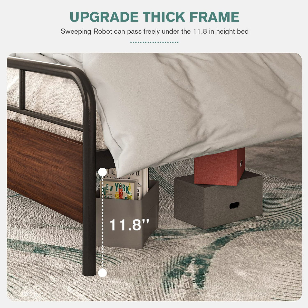 Walnut Queen Size Metal Platform Bed Frame with Wooden Headboard M7338