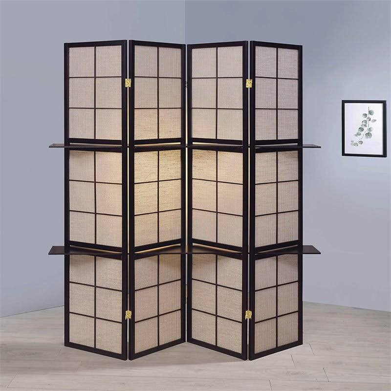 4 Panel 4 Shelf Room Divider in Tan and Cappuccino N7124